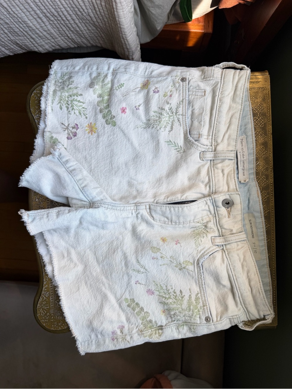 Anthropologie White Floral High-Rise Cutoff Jean Shorts